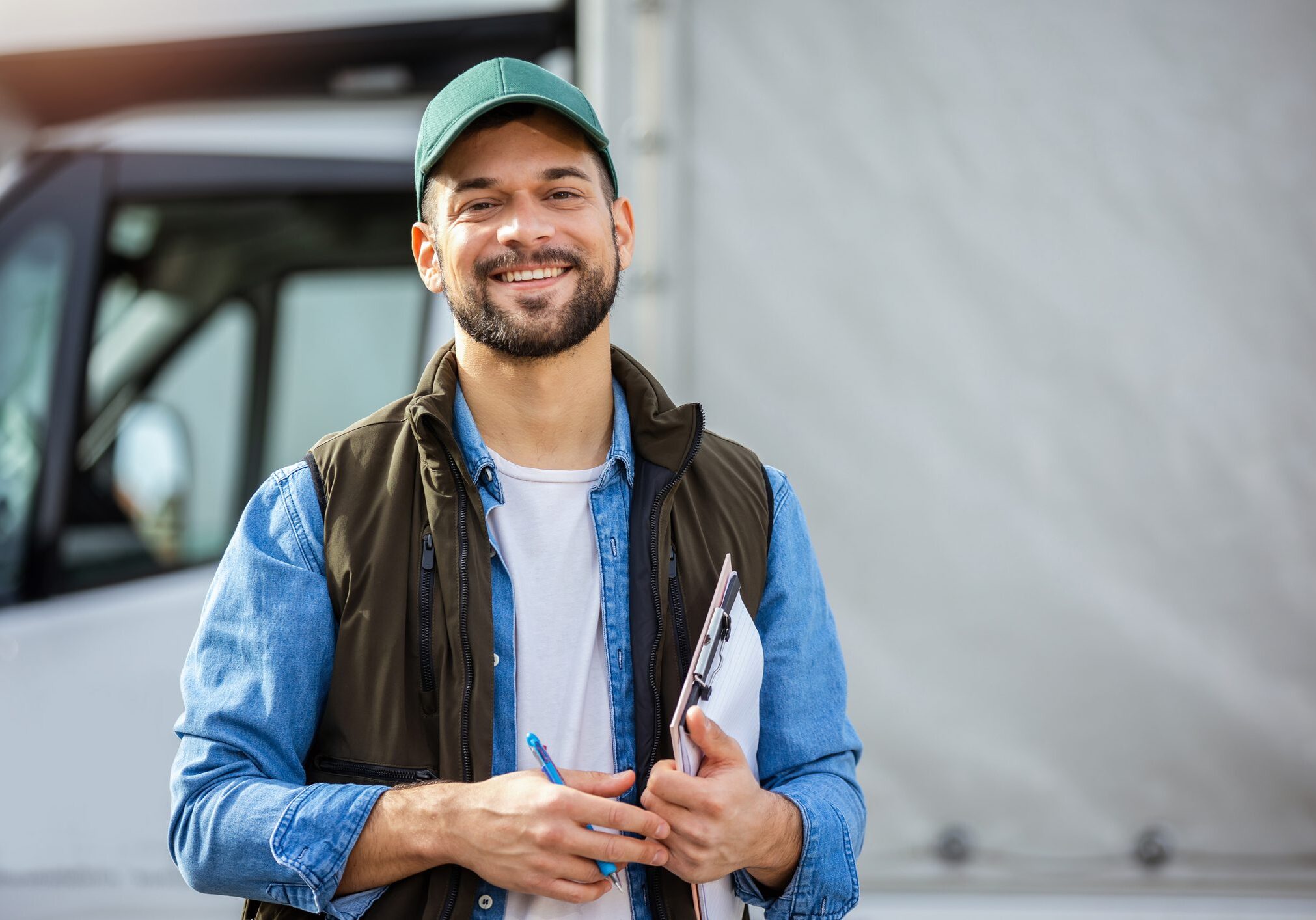 Man smiling, holding clipboard near vehicle.